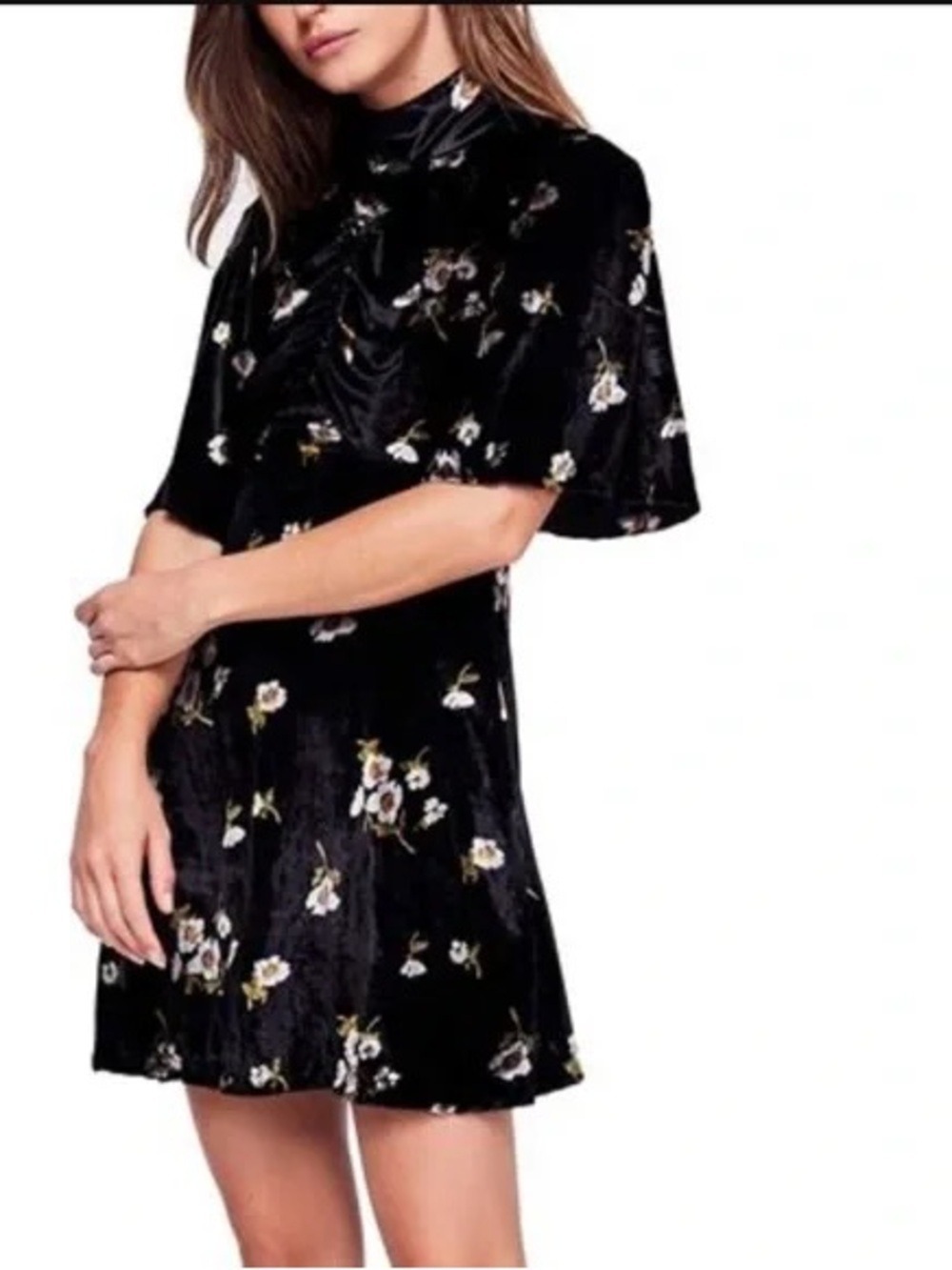 Free People Be My Baby Black Floral Velvet Mini Dress with Flutter Sleeves Sz 2 - Picture 5 of 11